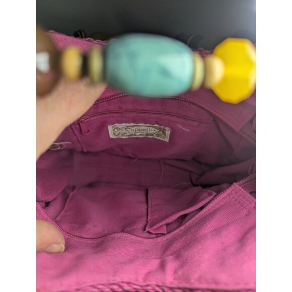 Vintage Cappelli Hot Pink Woven Straw Purse Beaded Handle Handbag Summer Bag - Picture 5 of 5